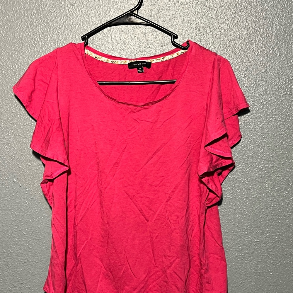 Verve Ami Bright Pink Ruffle Sleeve Top Flowy Romantic Blouse